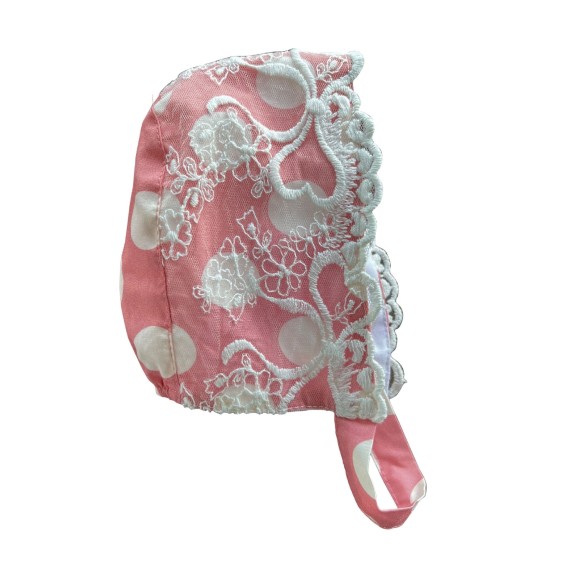 Pink with ivory dots tule bonnet Pink with ivory dots tule bonnet
