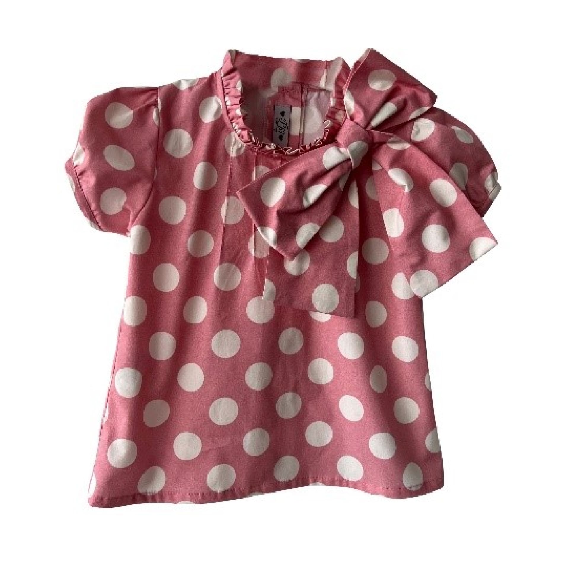 Pink with ivory dots bow blouse