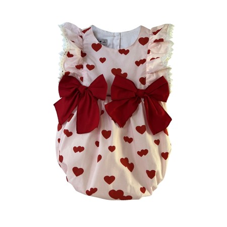 Pink with red hearts two bows romper