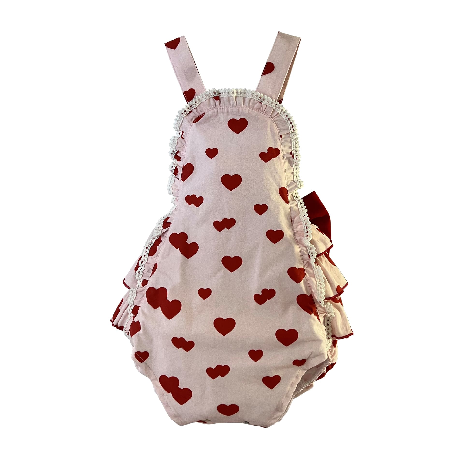 Pink with red hearts 3 frill romper