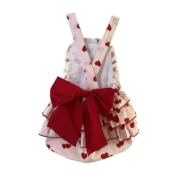 Pink with red hearts 3 frill romper