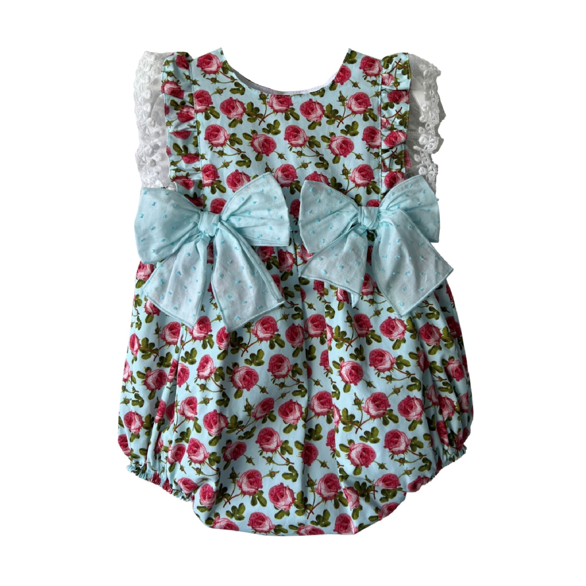 Blue with pink roses two bows romper