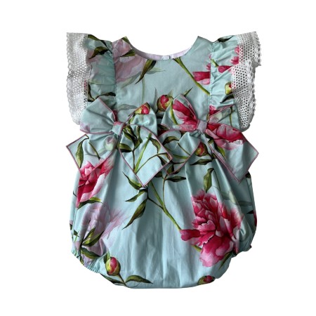 Mint with pink flowers 2 bows romper