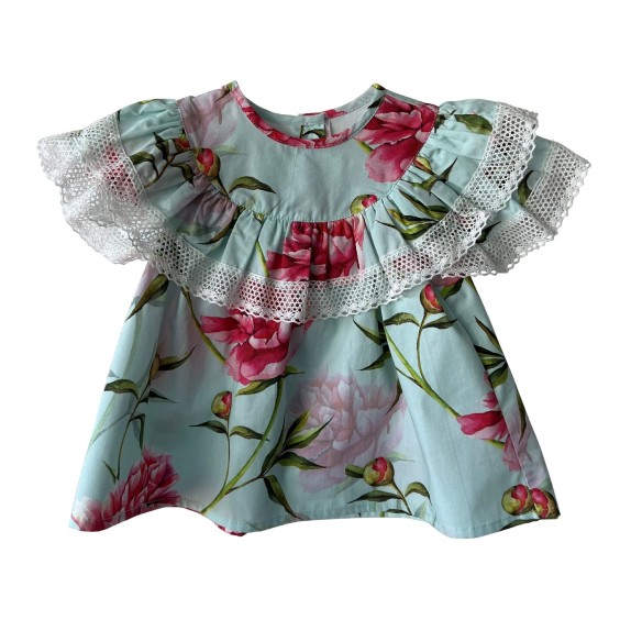 Mint with pink flowers frill blouse