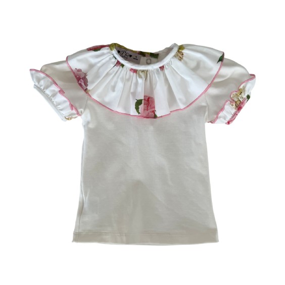 Ivory tshirt with pink hydrangeas collar Ivory tshirt with pink hydrangeas collar