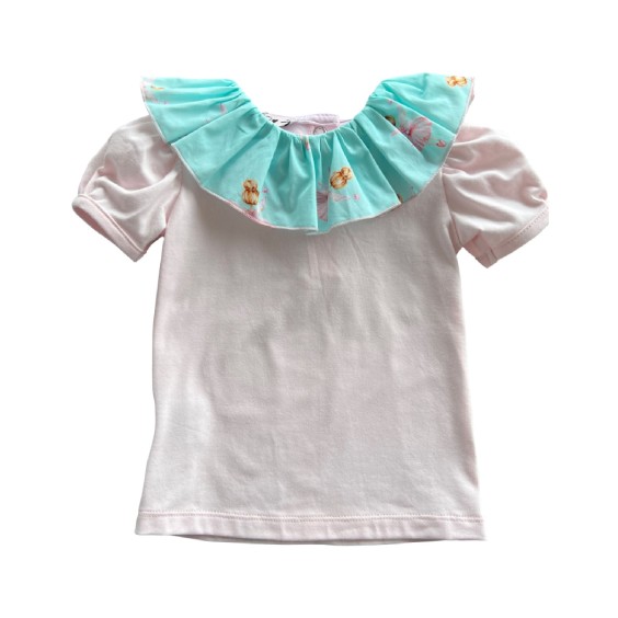 Pink tshirt with blue with ballerinas collar