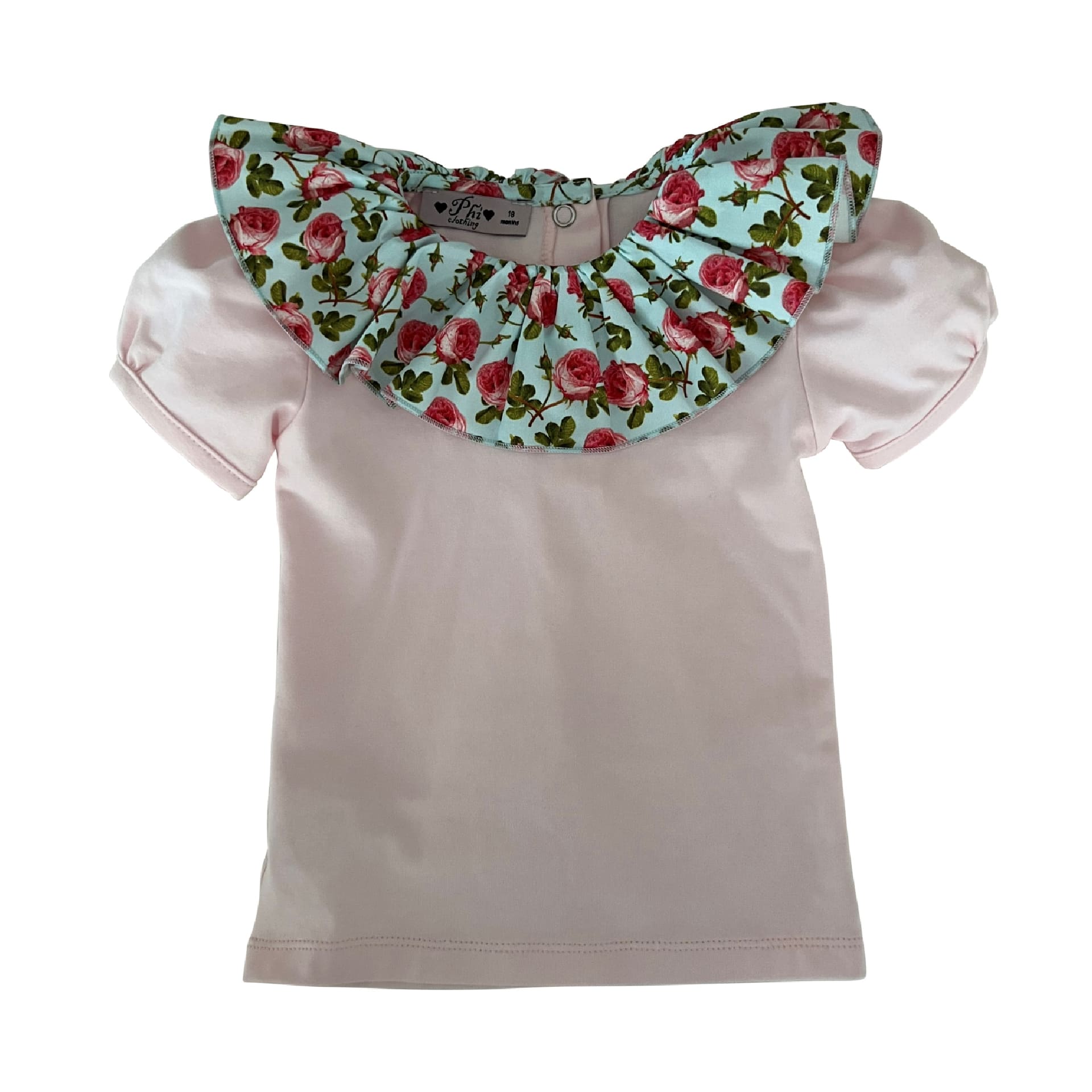 Pink tshirt with blue with pink roses collar