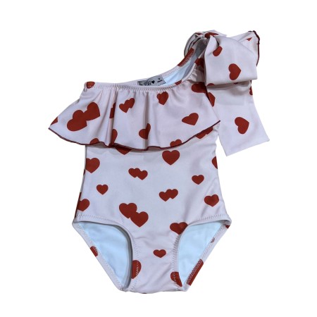 Pink with red hearts one shoulder swimsuit