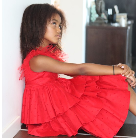 Vestido piqu� vermelho com tule cora��es