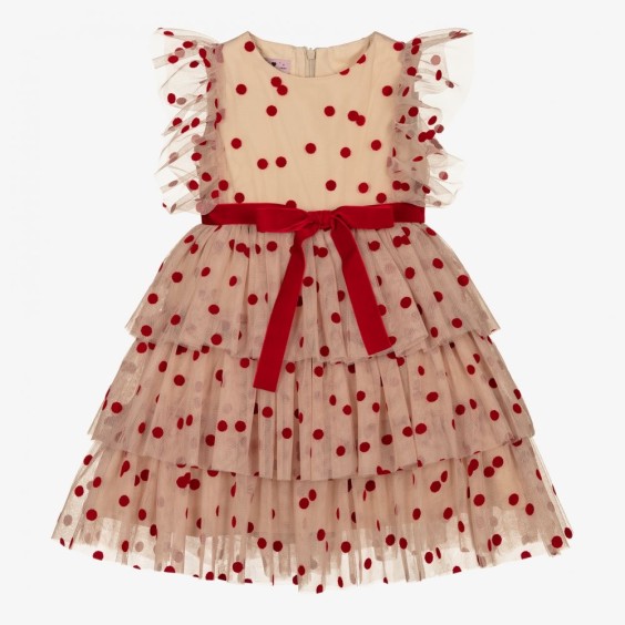 Vestido em tule creme com pintas bordeaux