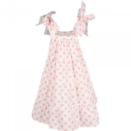 Vestido branco com bolas rosa com folhos Vestido branco com bolas rosa com folhos