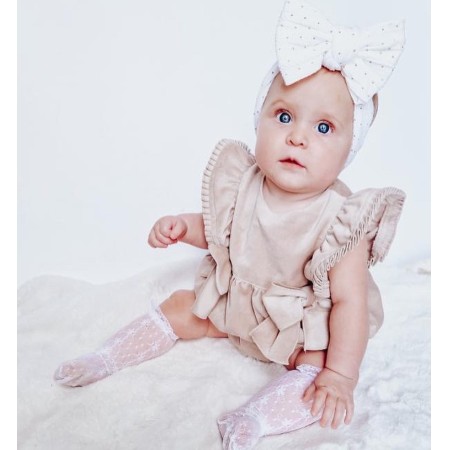 Beige velvet pleated trim romper