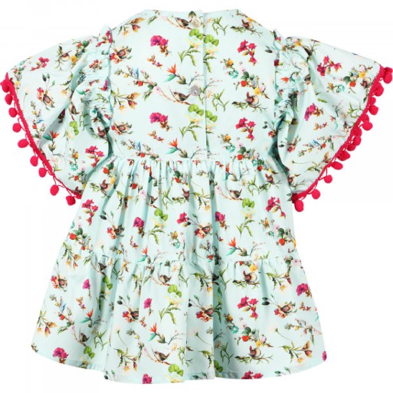 Tnica azul com flores com pom-pom fcsia