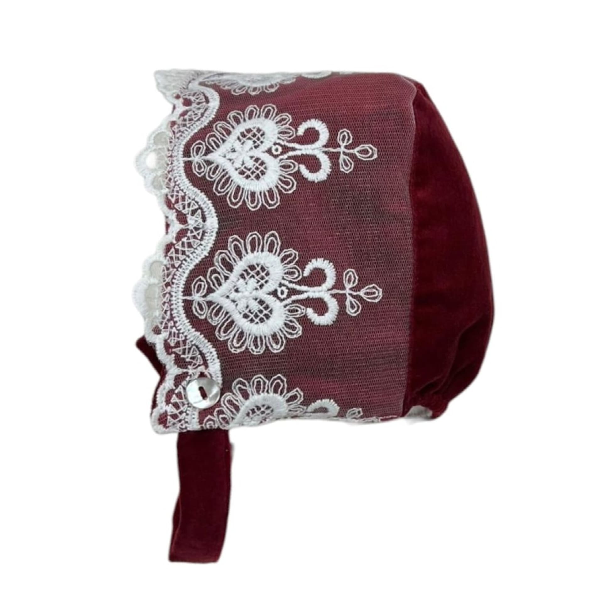 Bonnet velours bordeaux avec dentelle