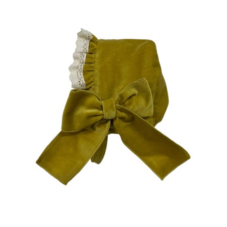 Mustard velvet bonnet with lace