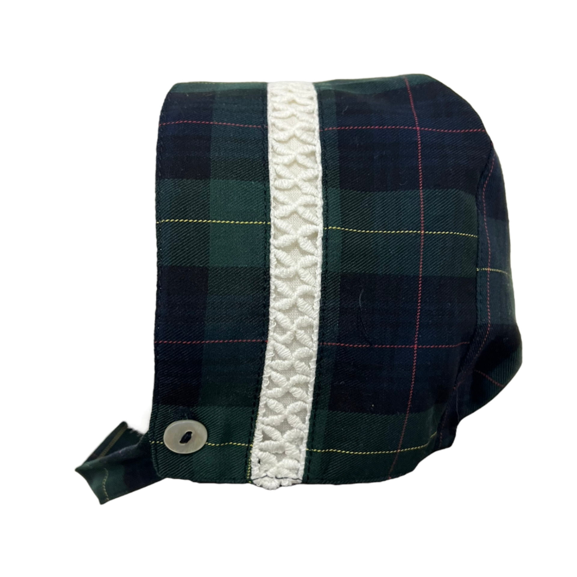 Bonnet en tartan bleu et vert avec dentelle