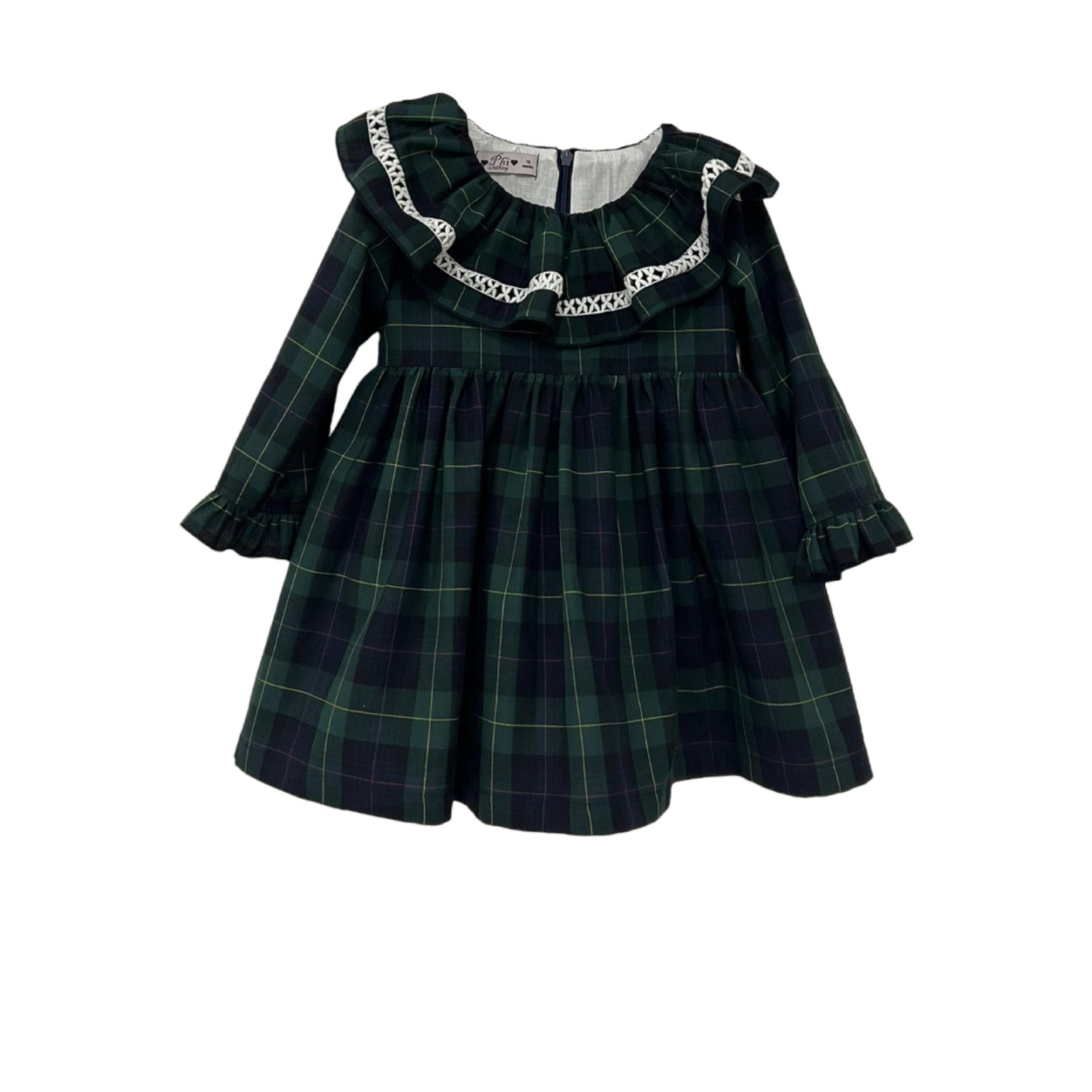 Robe en tartan bleu et vert avec dentelle