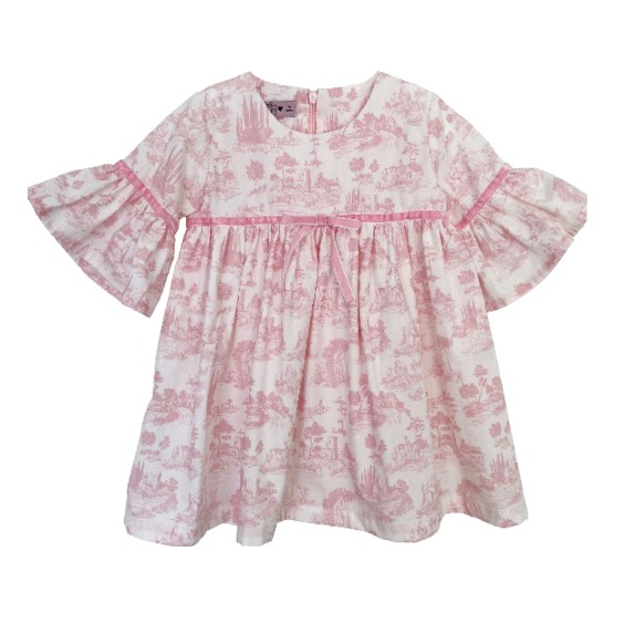 Pink toile de jouy dress with velvet trim