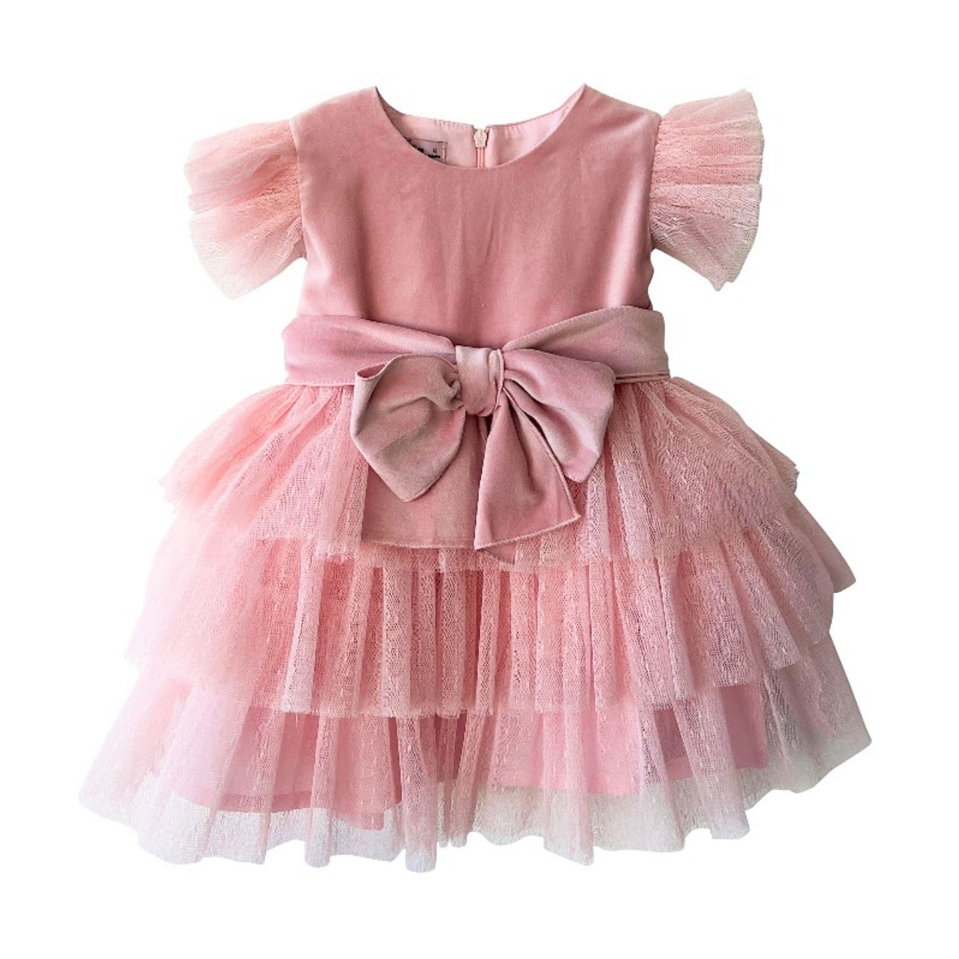 Vestido em veludo rosa com tule rosa