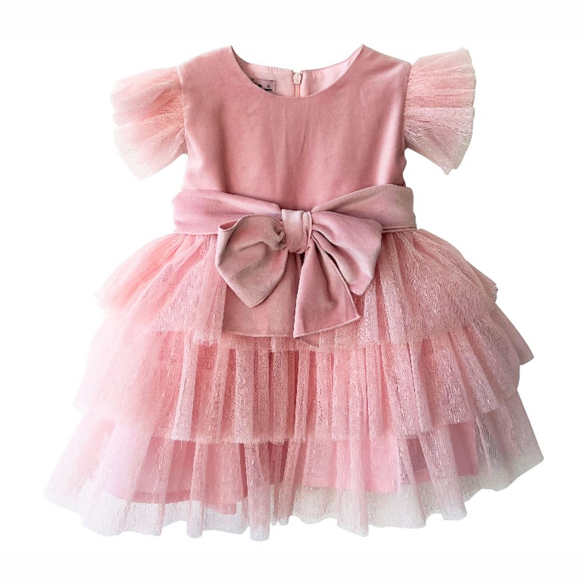 Vestido em veludo rosa com tule rosa