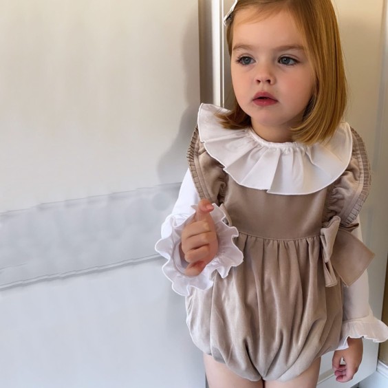 Beige velvet pleated trim romper