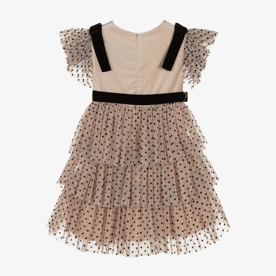 Beige velvet with black dots tule dress