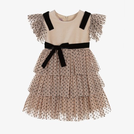 Beige velvet with black dots tule dress