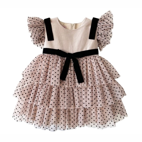 Beige velvet with black dots tule dress