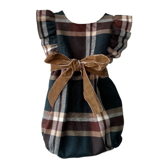 Blue tartan bow romper