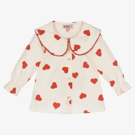 Ivory with red hearts pleated trim blouse
