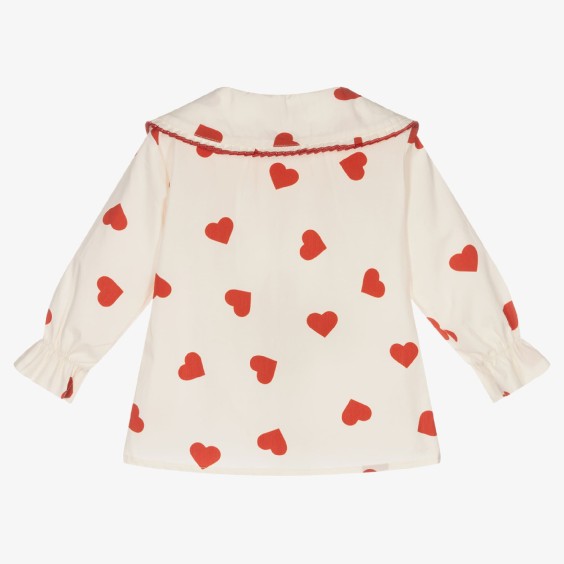 Ivory with red hearts pleated trim blouse