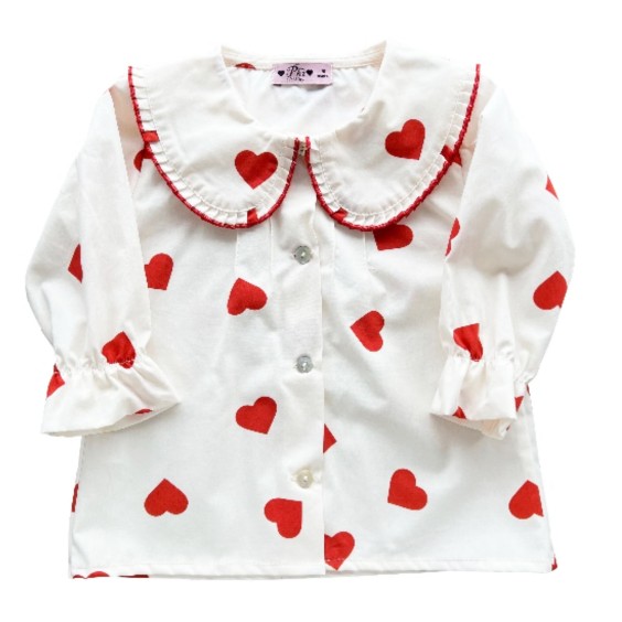 Ivory with red hearts pleated trim blouse
