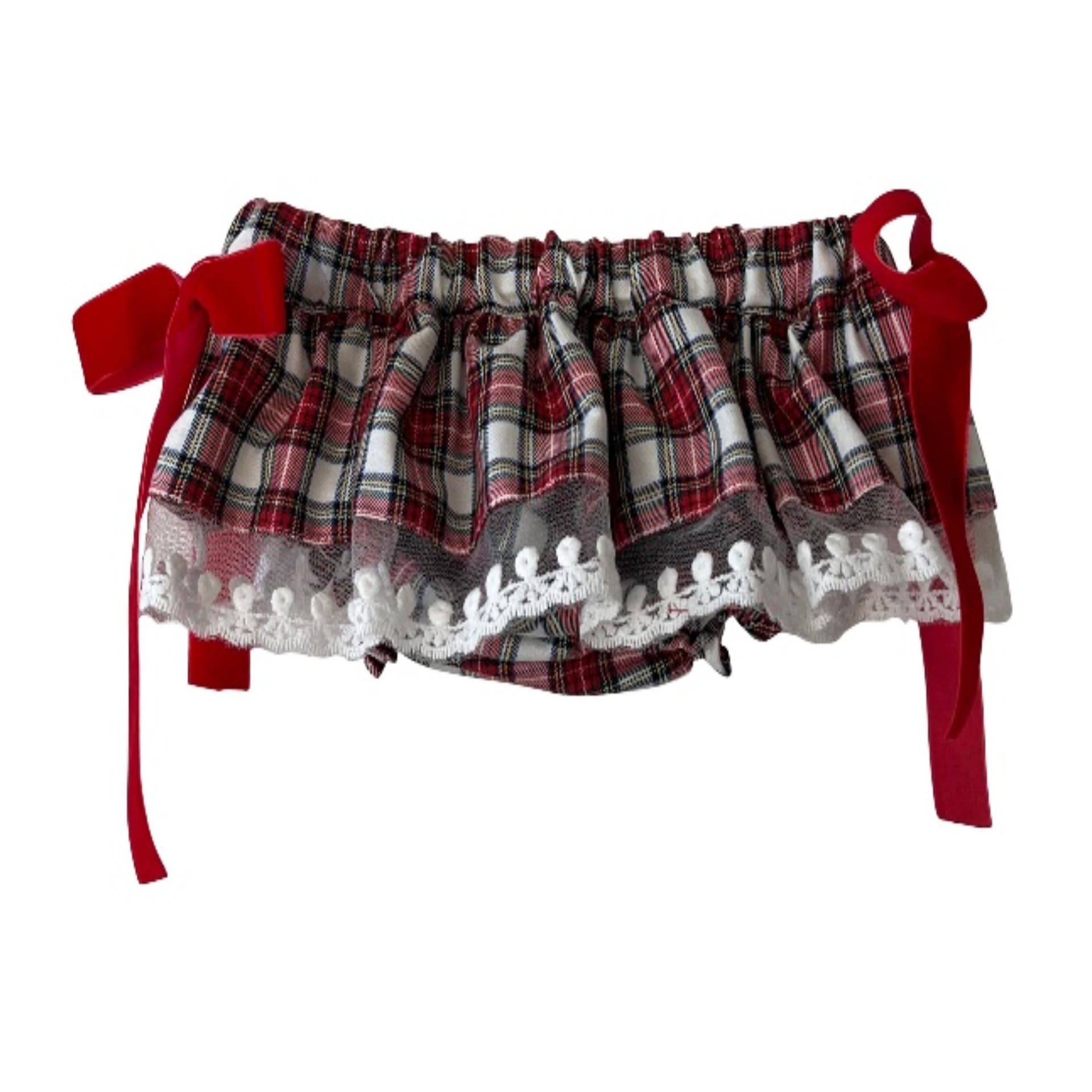 Ivory and red tartan bloomer with lace