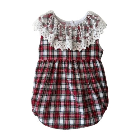 Ivory and red tartan tule romper