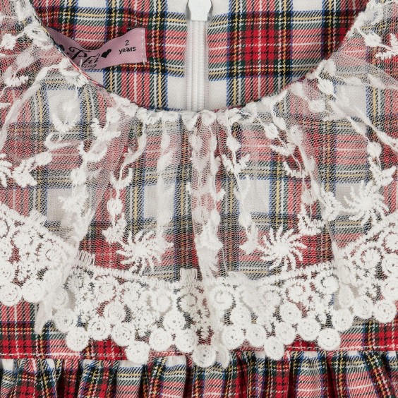 Vestido xadrez cru e vermelho gola tule