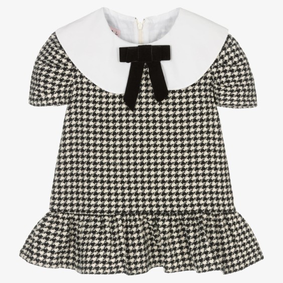Vestido pied de poule com gola branca