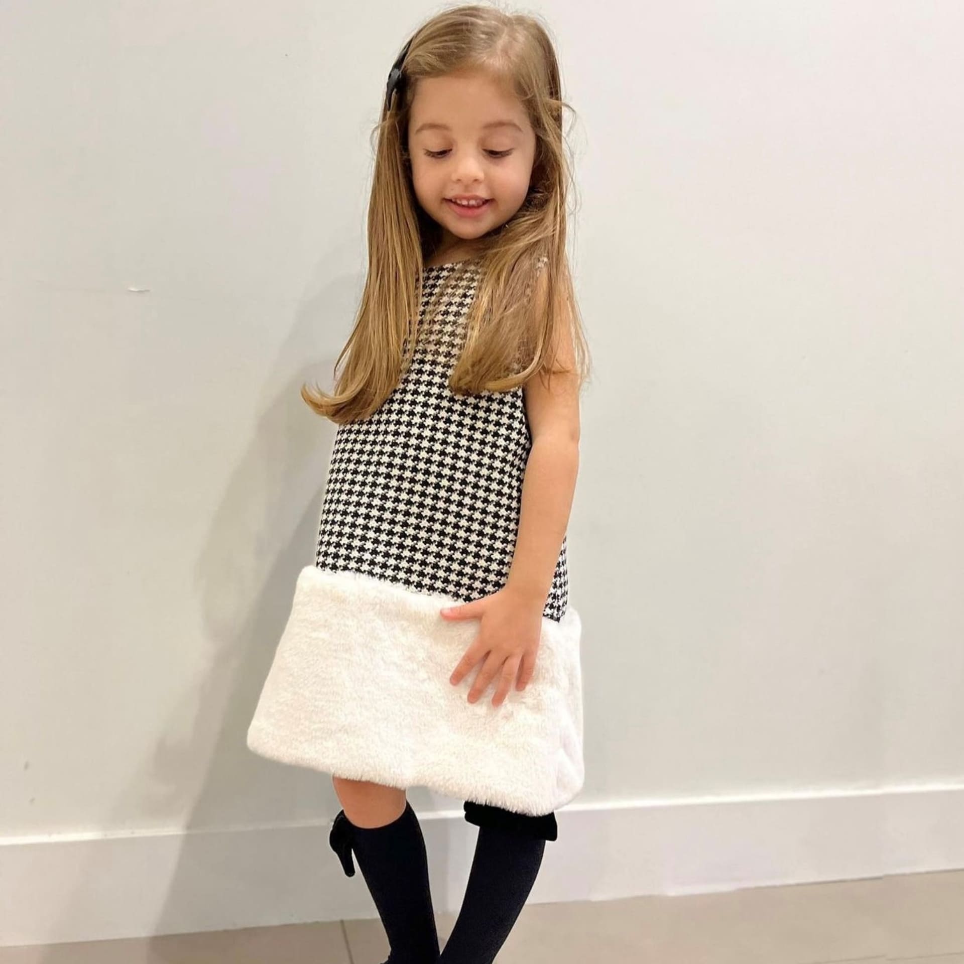 pied de poule dress with fur