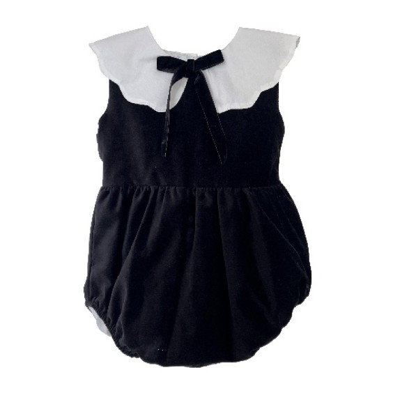 Black velvet white collar romper