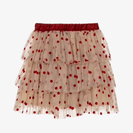 Jupe  volants en tule beige  pois bordeaux