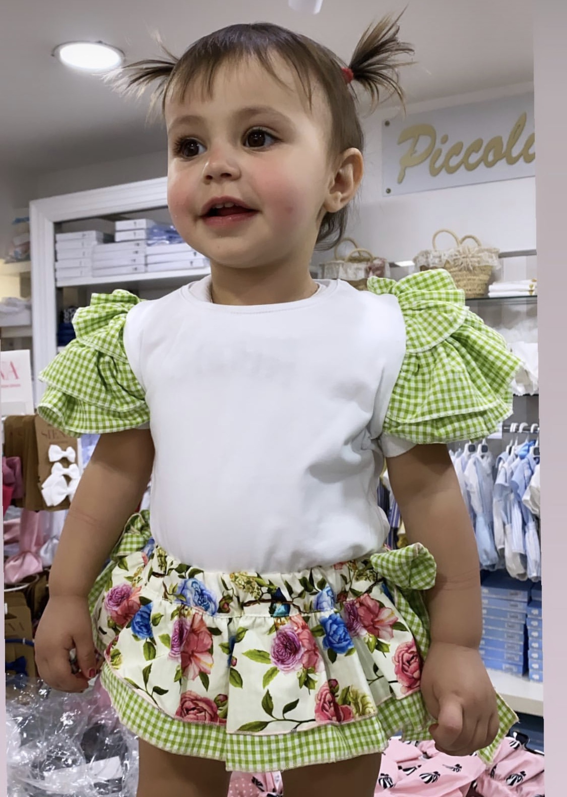 Ivory Flowers with green vichy frill bloomer