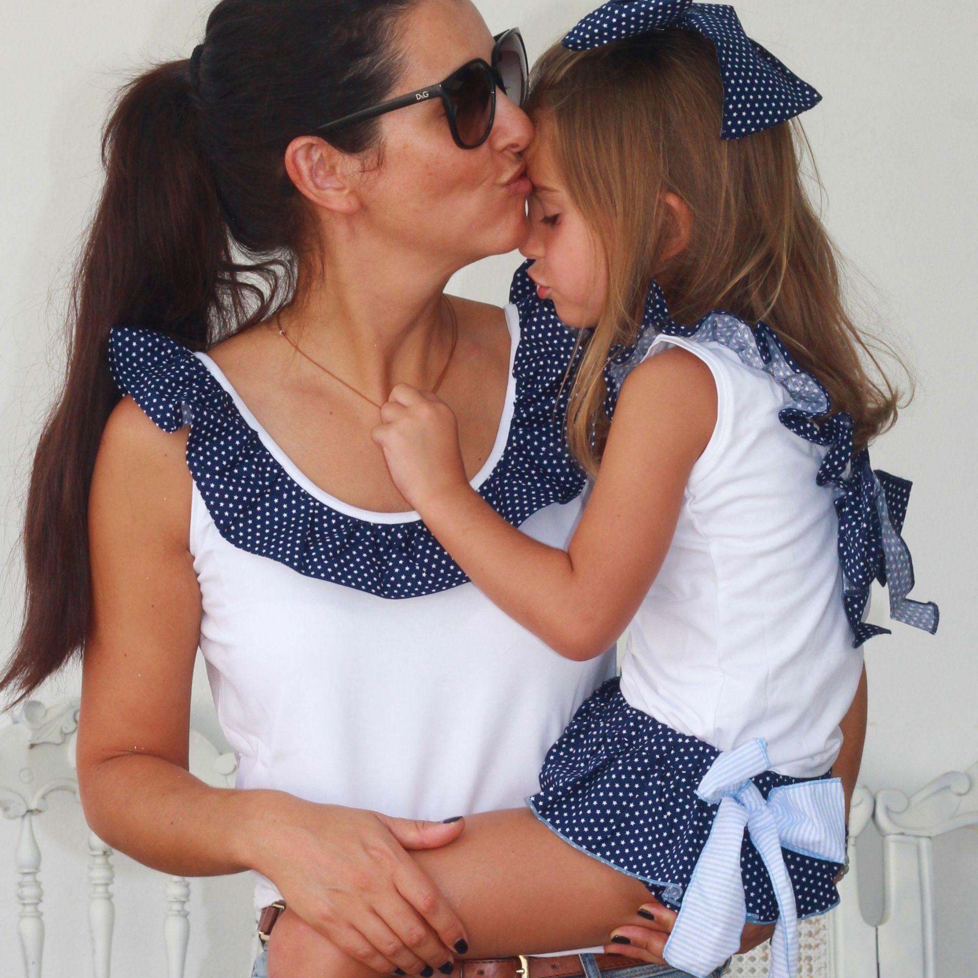 White tank top with Blue Stars bow