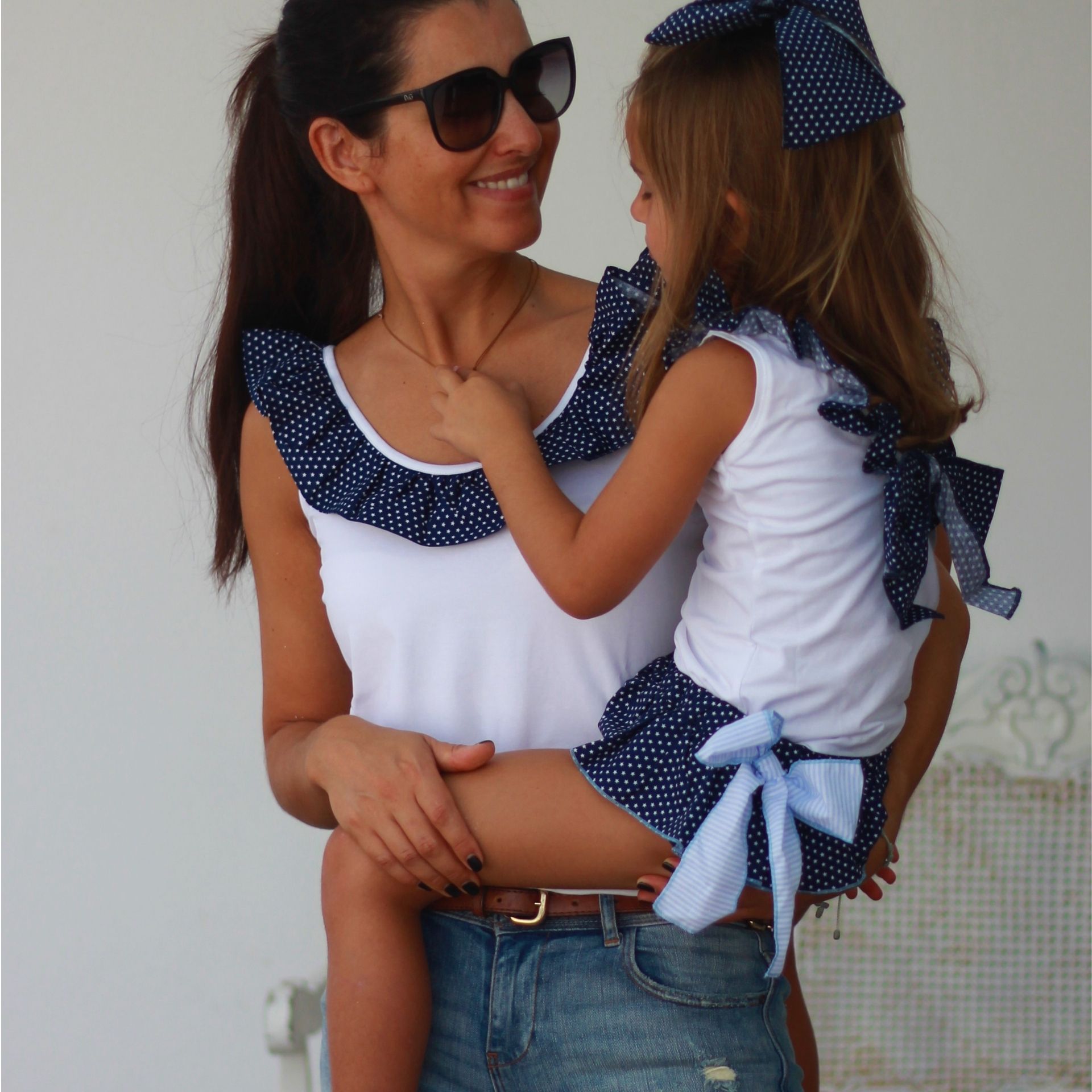 White tank top with Blue Stars bow