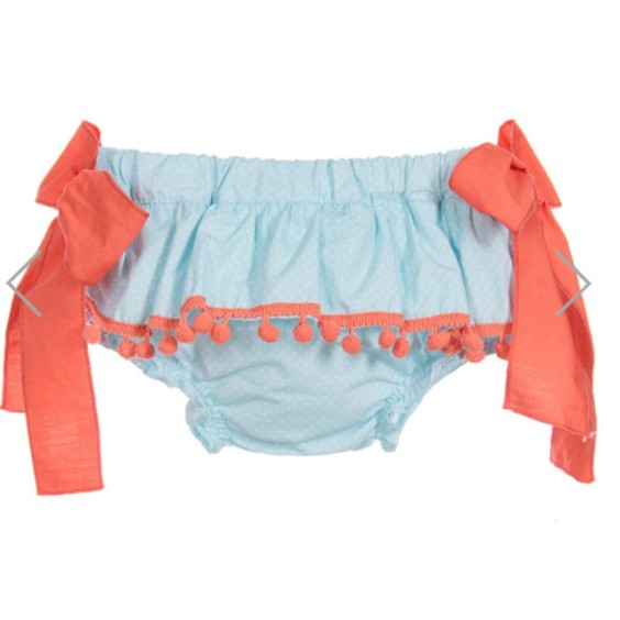 Blue with ivory dots bloomer with coral Pompom
