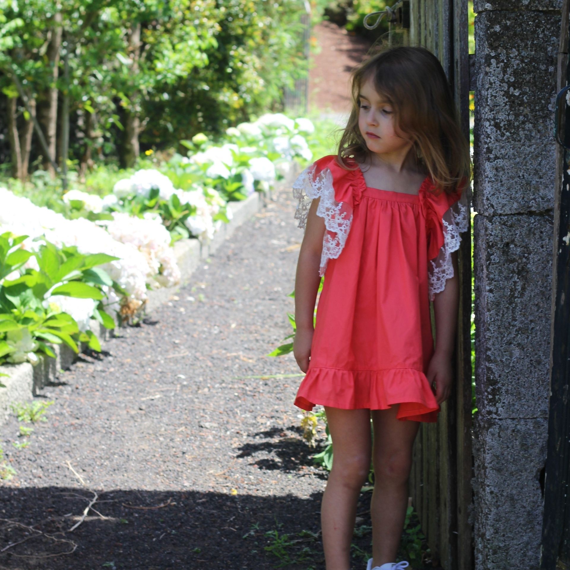 Coral Dress with tulle sleeve