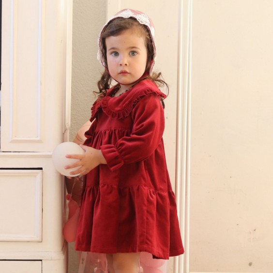 Vestido manga comprida em veludo bordeaux