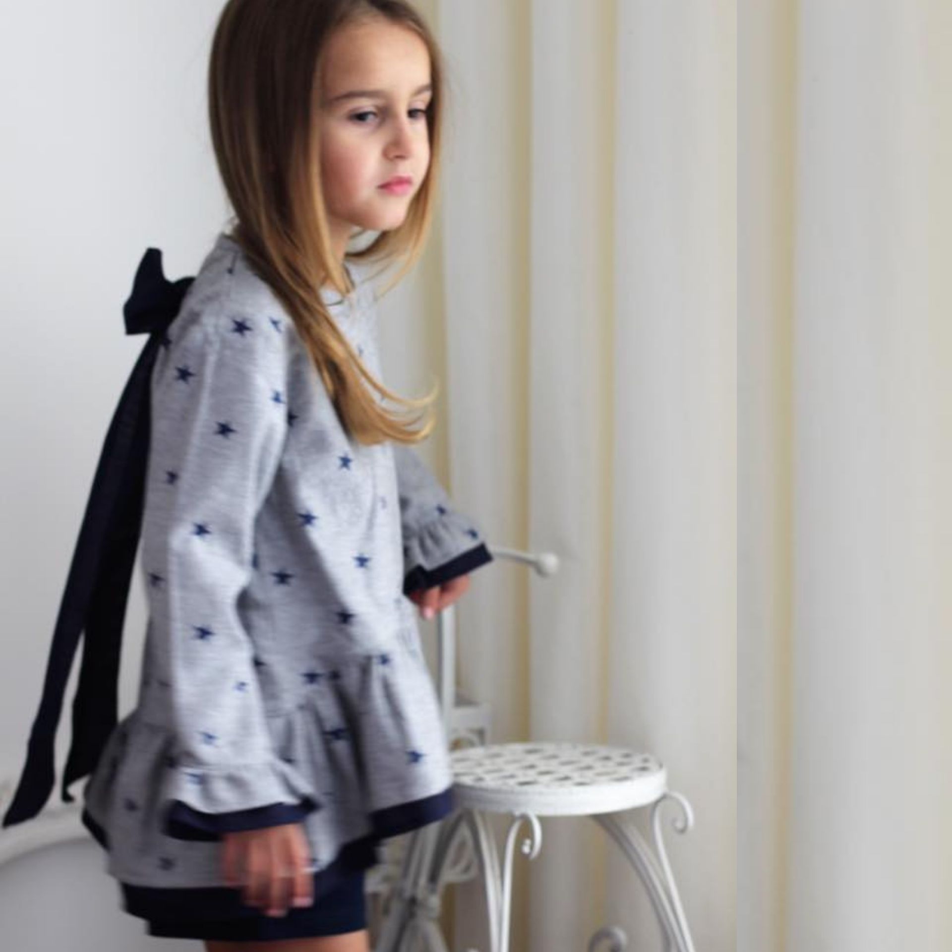 Grey Bow Tunic with Blue Stars