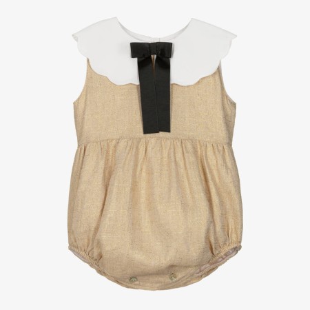 Gold linen Romper with black bow