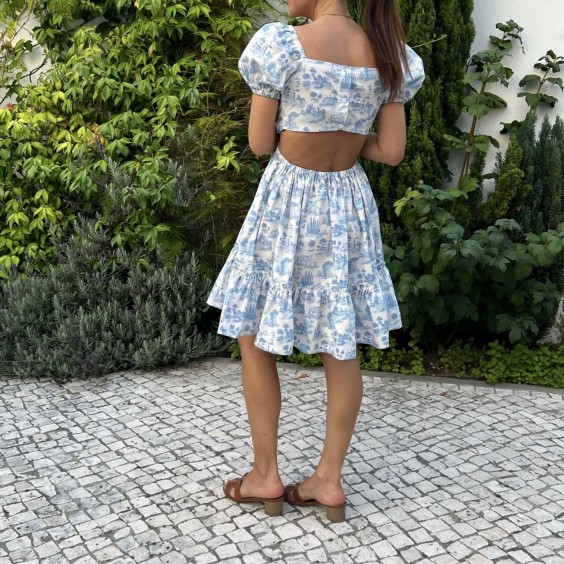 Blue toile jouy dress
