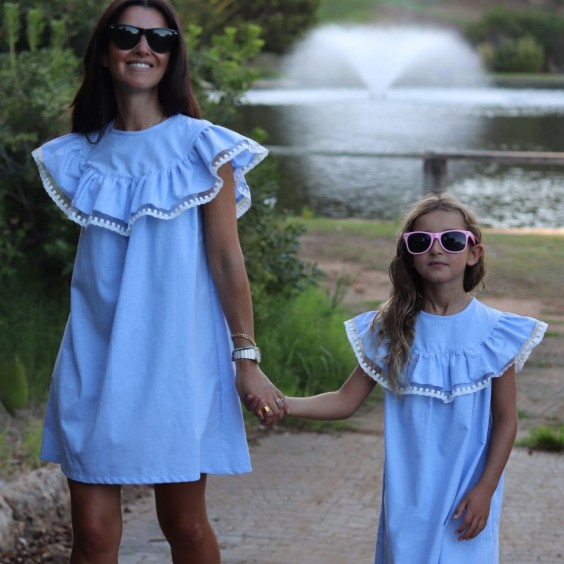 Blue oxford dress with tulle - woman