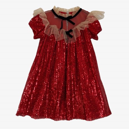 Robe en paillettes rouge avec col en tule